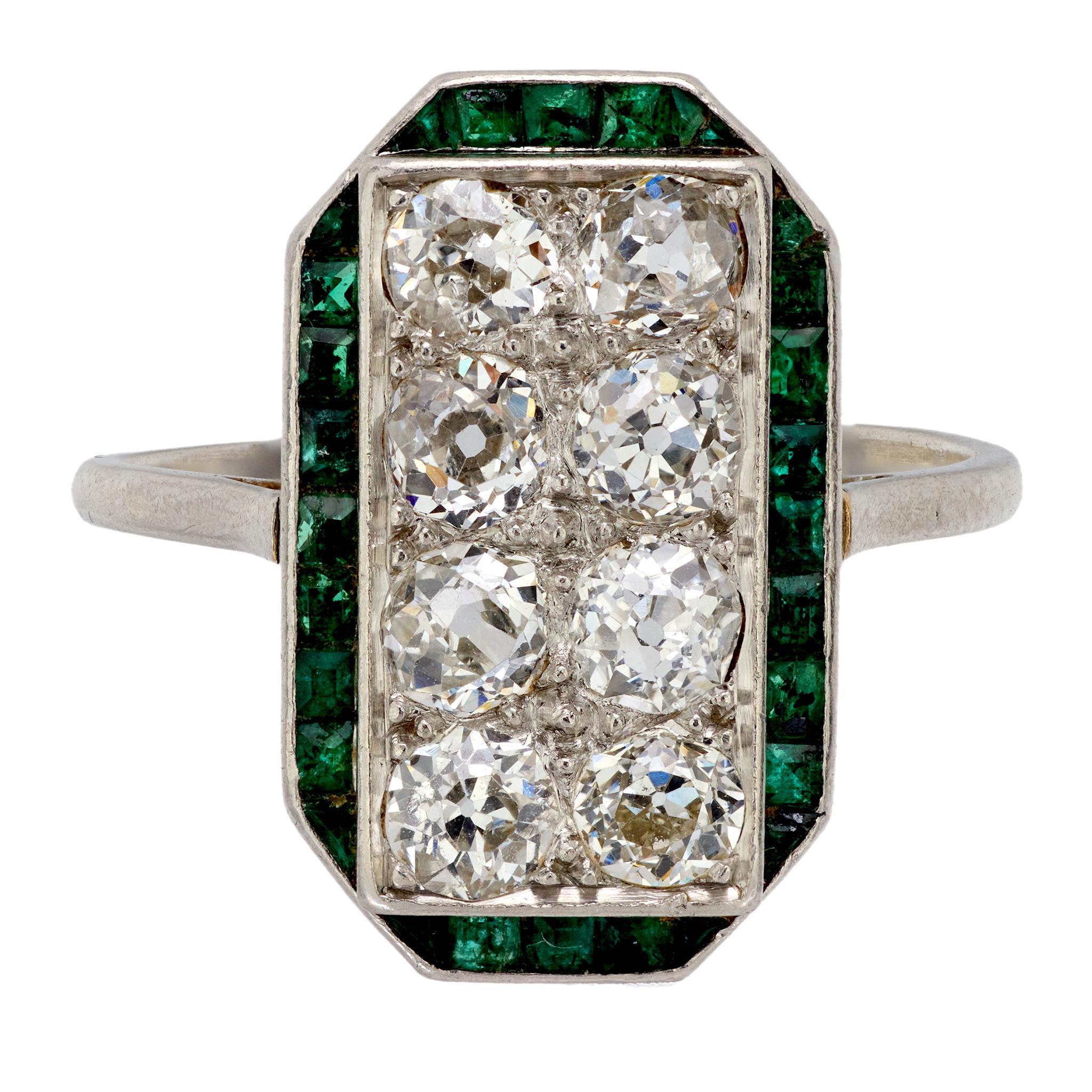Old Mine Cut Art Deco French old mine cut diamond emerald platinum ring
