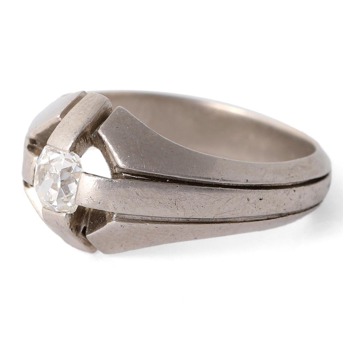 Women's or Men's Art Deco French Old Mine Cut Diamond Platinum Ring