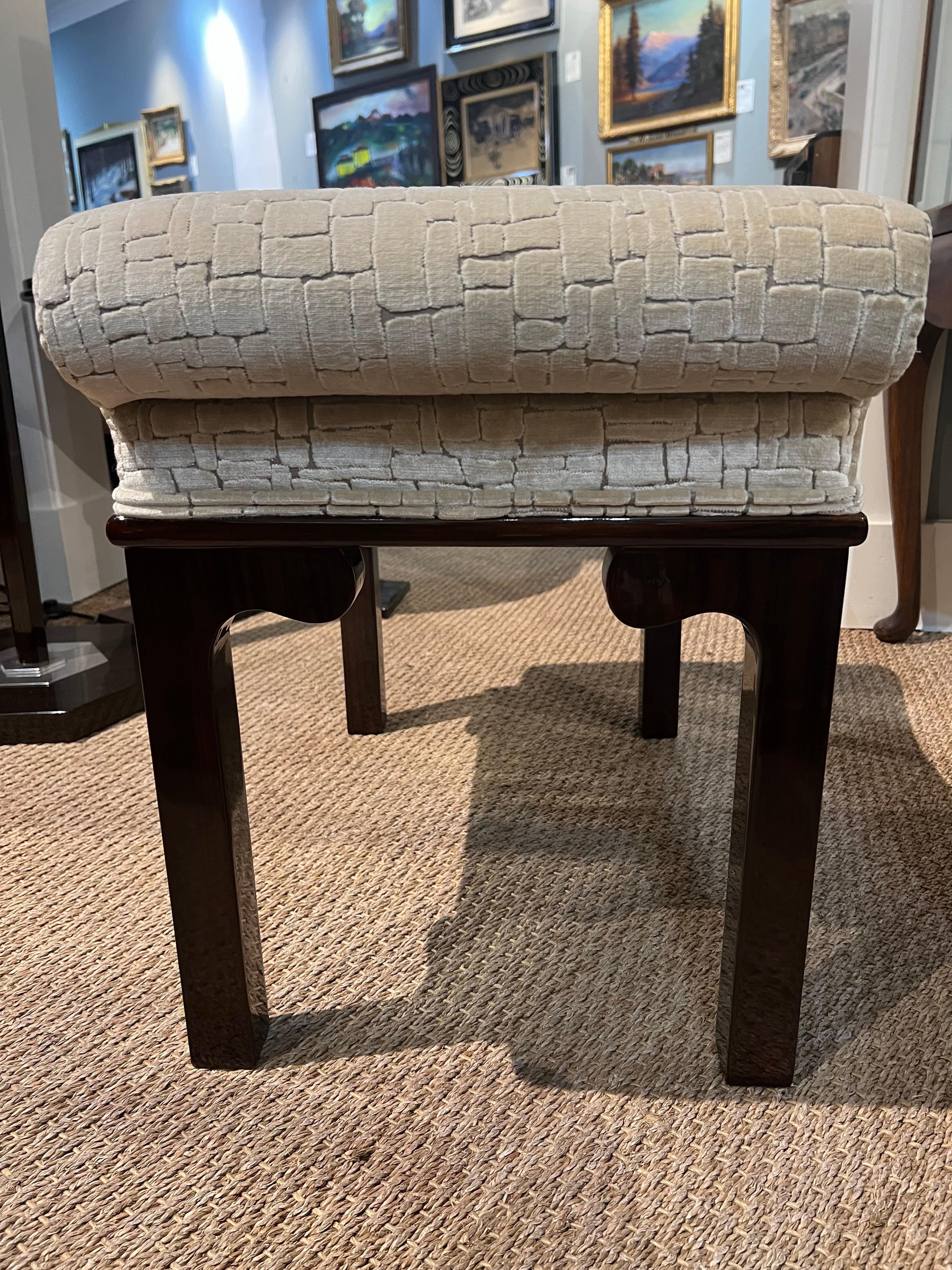 Beautiful Art Deco French ottoman is made out of beech wood. Newly re-upholstered and re-polished. Seat is made into semi-circular shape and covered with light velvety fabric. Resting on 4 elongated legs.

Condition is perfect. Restored.
France.c