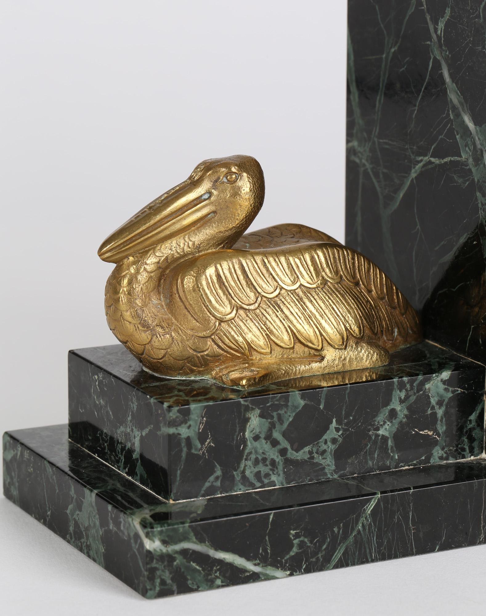 Art Deco French Pair Bronze Pelican on Marble Bookends For Sale 2