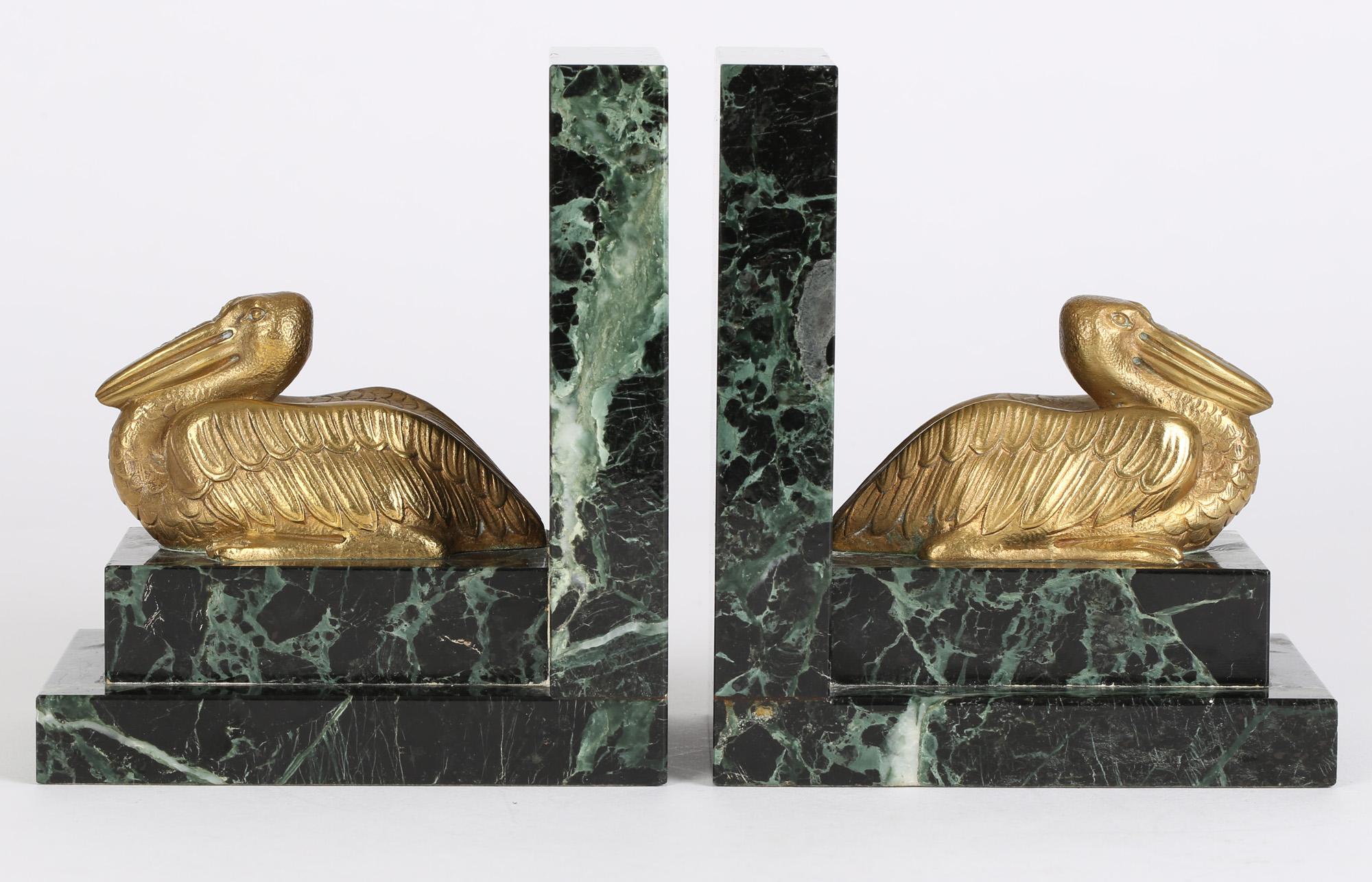 Art Deco French Pair Bronze Pelican on Marble Bookends For Sale 4