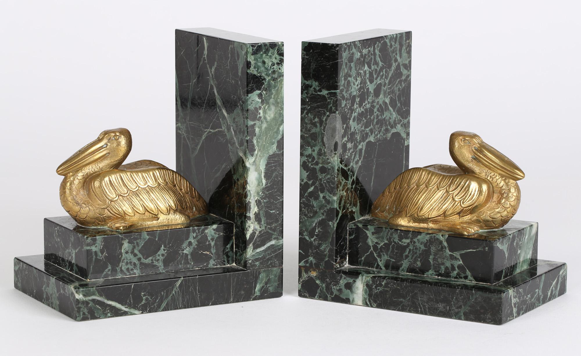 Early 20th Century Art Deco French Pair Bronze Pelican on Marble Bookends For Sale