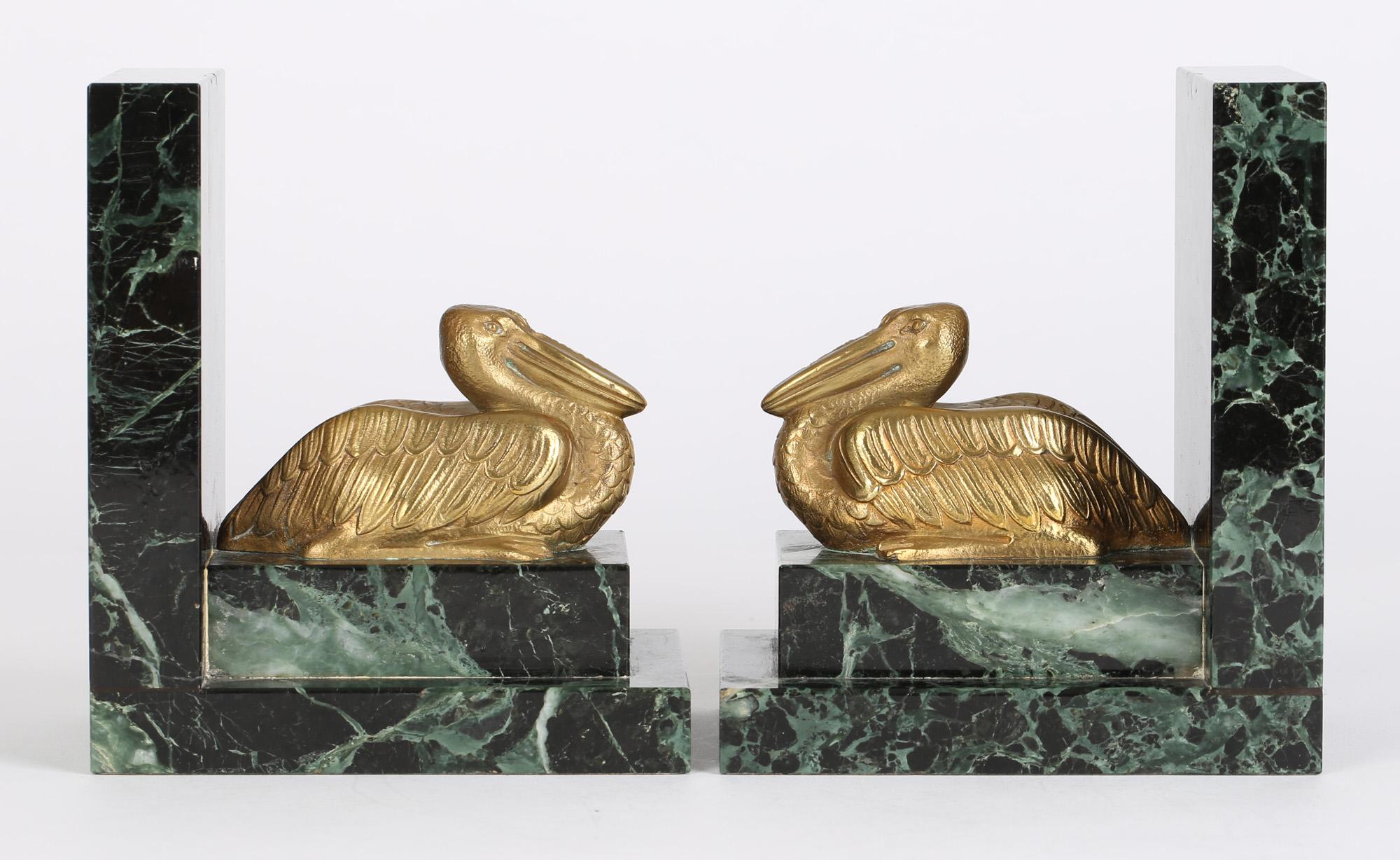 Art Deco French Pair Bronze Pelican on Marble Bookends For Sale 1