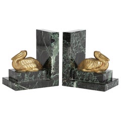 Art Deco French Pair Bronze Pelican on Marble Bookends