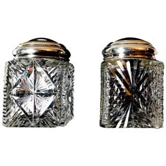 Antique Art Decò French Pair of Cut and Ground Crystal Toilet Jars 