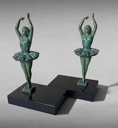 Art Deco French Pair Of Dancer Bookends In Spelter And Black Marquina Marble