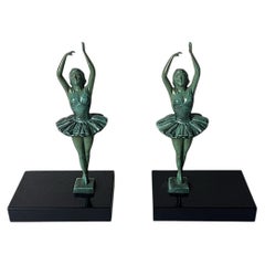 Art Deco French Pair Of Dancer Bookends In Spelter And Black Marquina Marble