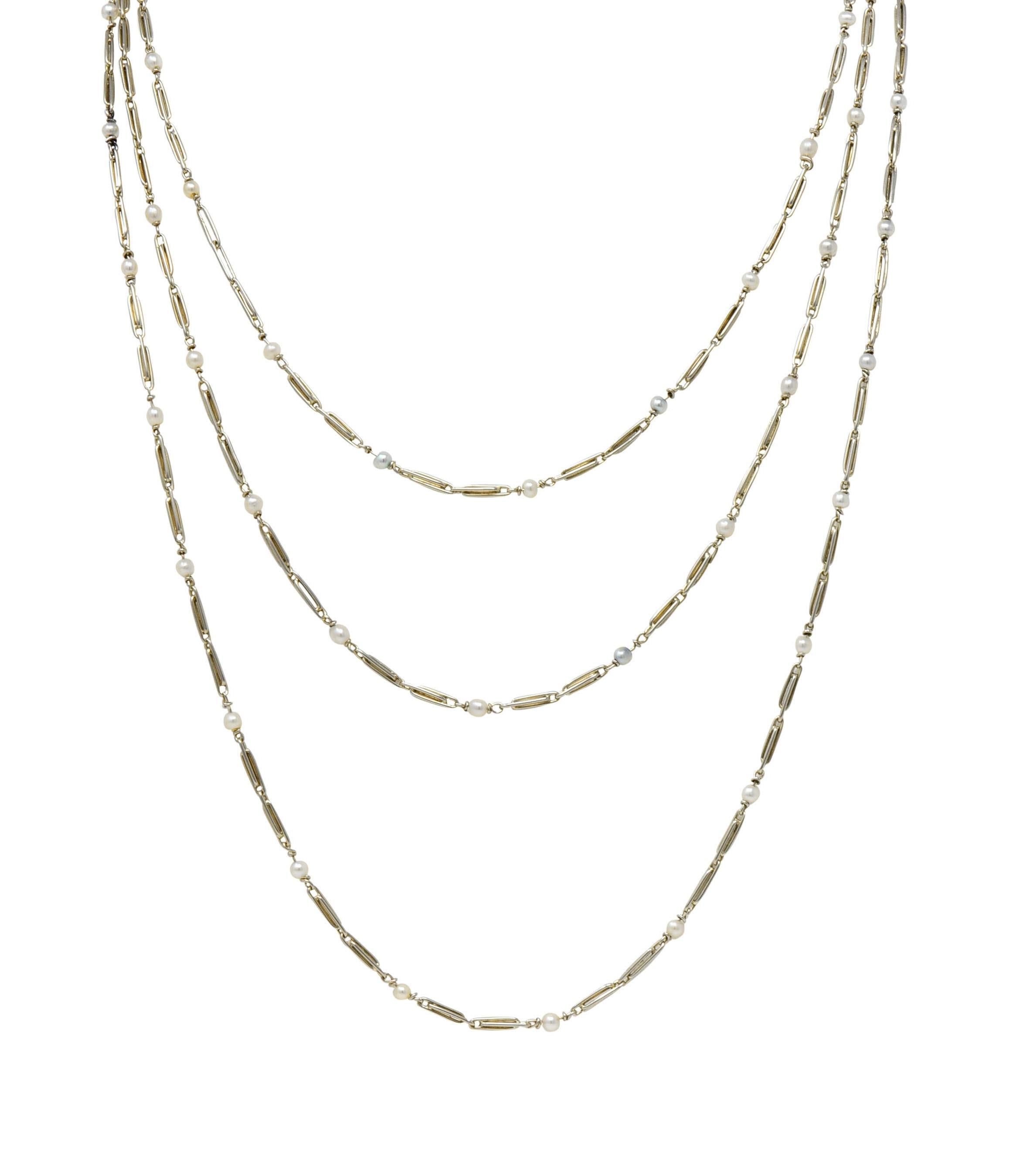 Art Deco French Pearl 18K White Gold Vintage Long Link Station Chain Necklace In Excellent Condition In Philadelphia, PA