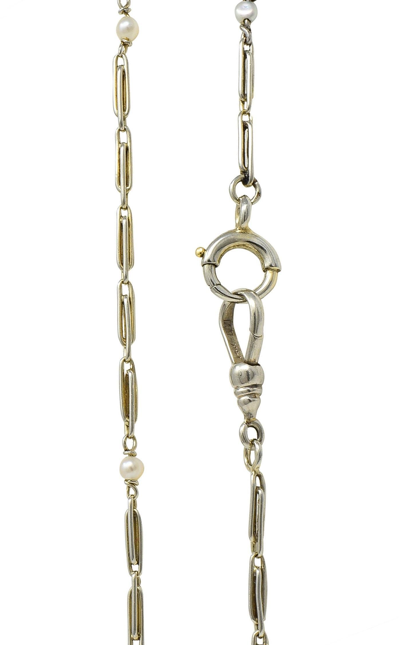 Art Deco French Pearl 18K White Gold Vintage Long Link Station Chain Necklace 2