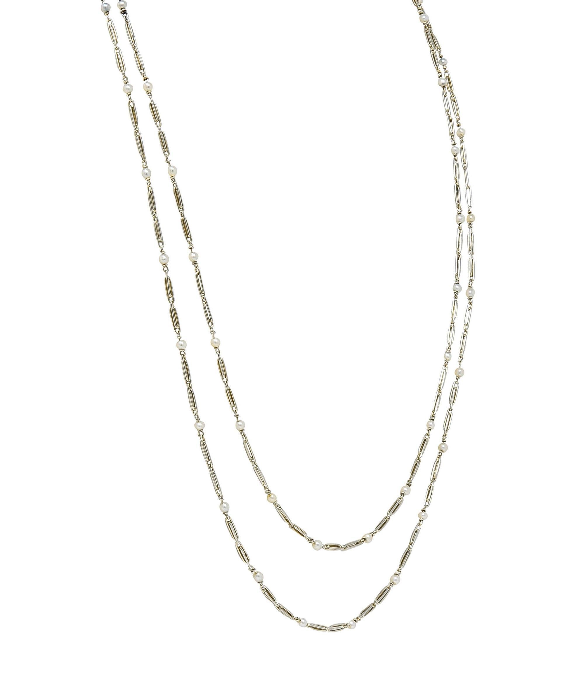 Art Deco French Pearl 18K White Gold Vintage Long Link Station Chain Necklace 3
