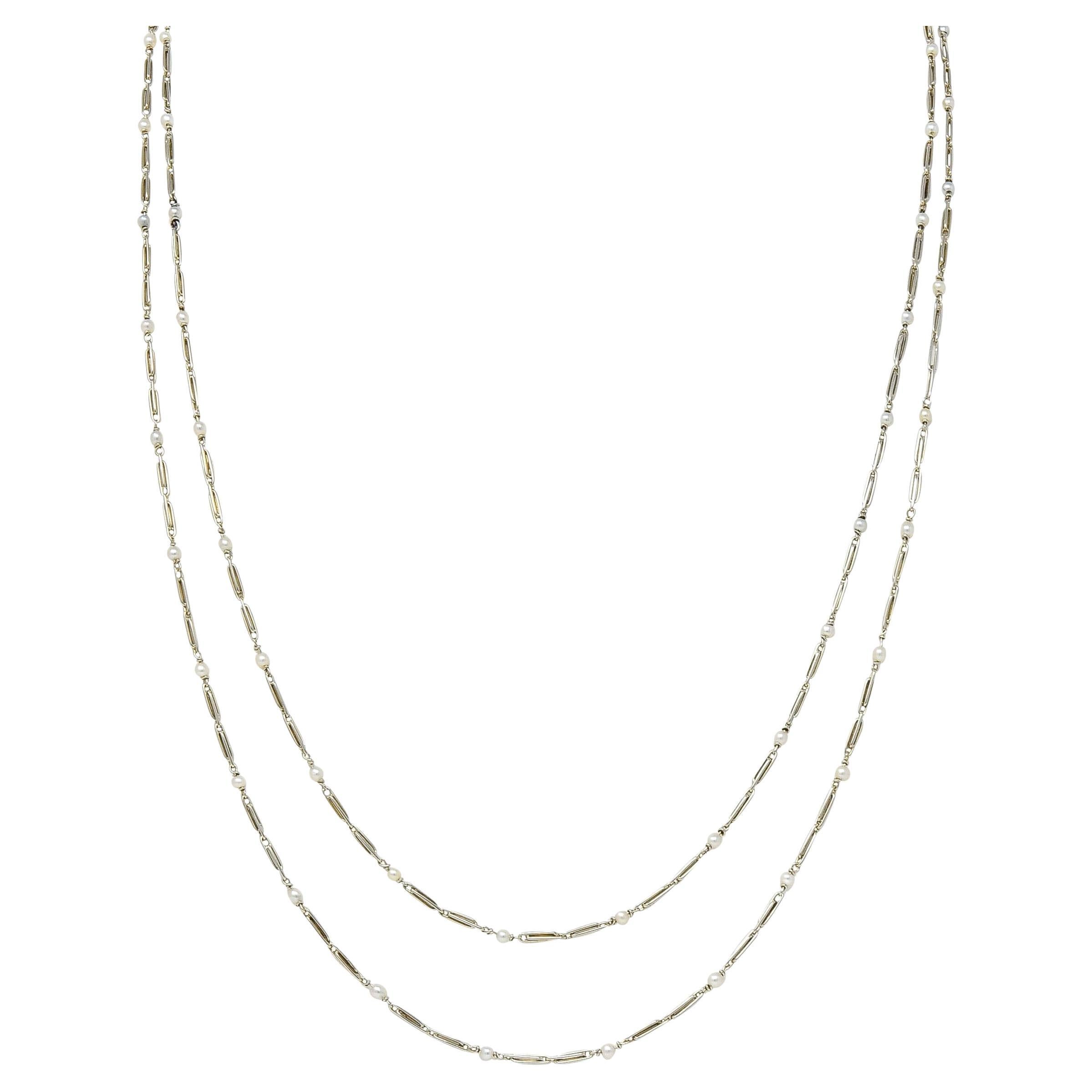 Art Deco Französische Perle 18K Weißgold Vintage Lange Gliederkette Halskette