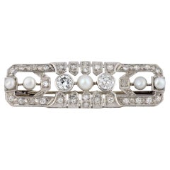 Art Deco French pearl diamond platinum brooch