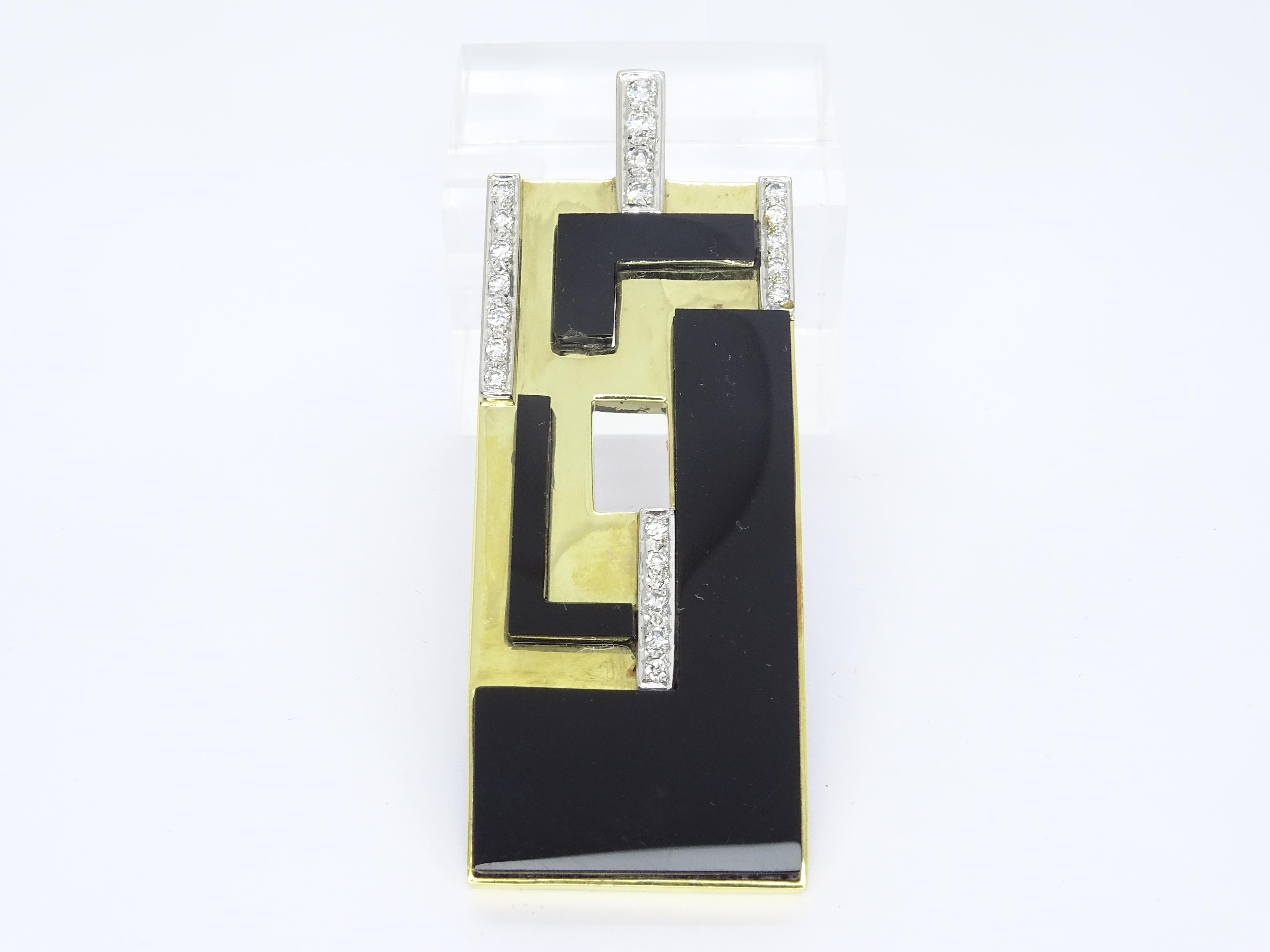 Französische Art Deco-Brosche mit Anhänger Onix aus Gold mit 18 Karat Diamanten (Brillantschliff) im Angebot
