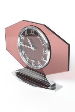 Französische Art-déco-Uhr aus rosa Glas im Art déco-Stil, Original 1930er 8-Tage von Jaz