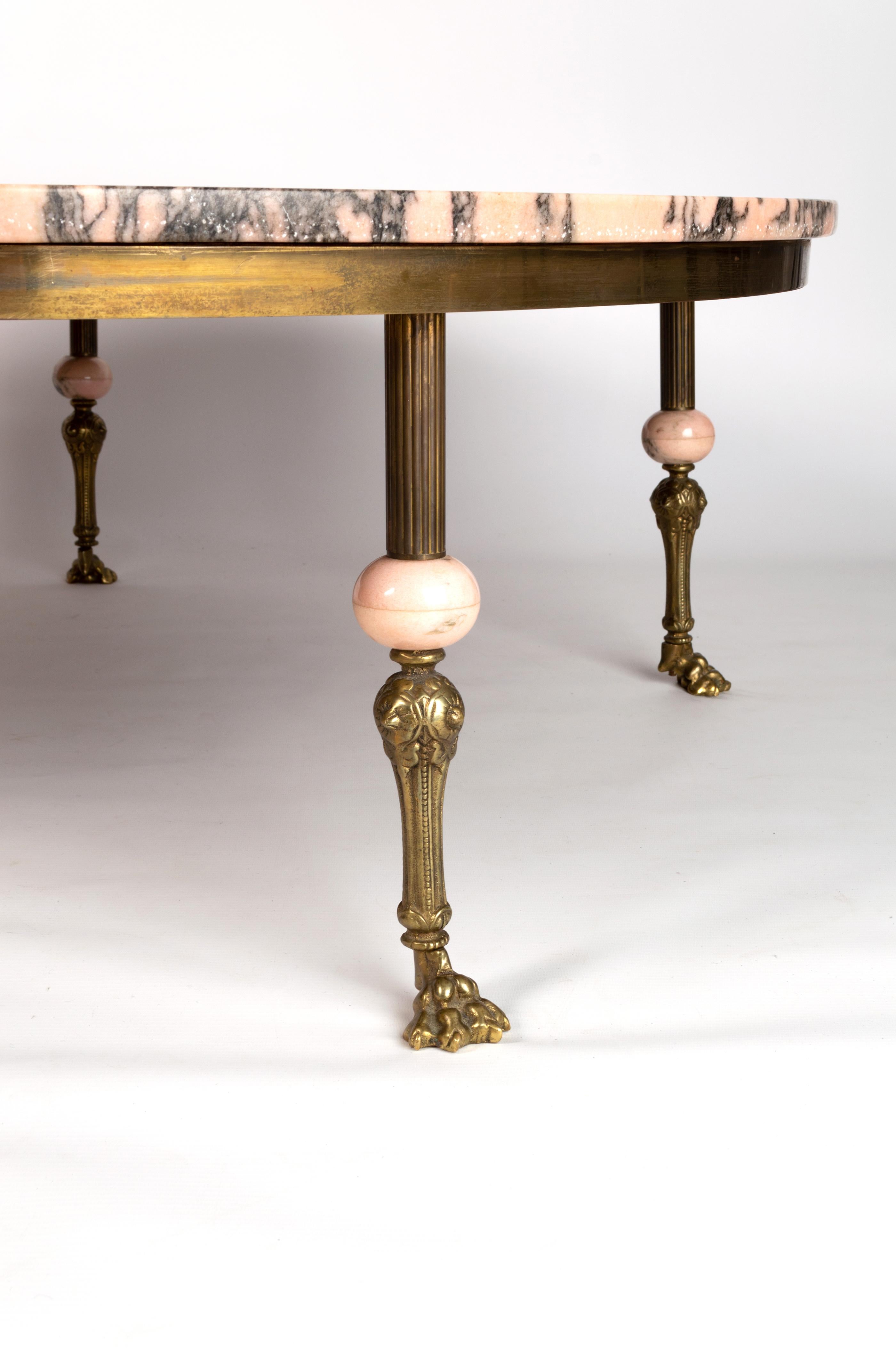 Art Deco French Pink Marble & Brass Large Coffee Table Maison Jansen C.1940 In Good Condition In London, GB