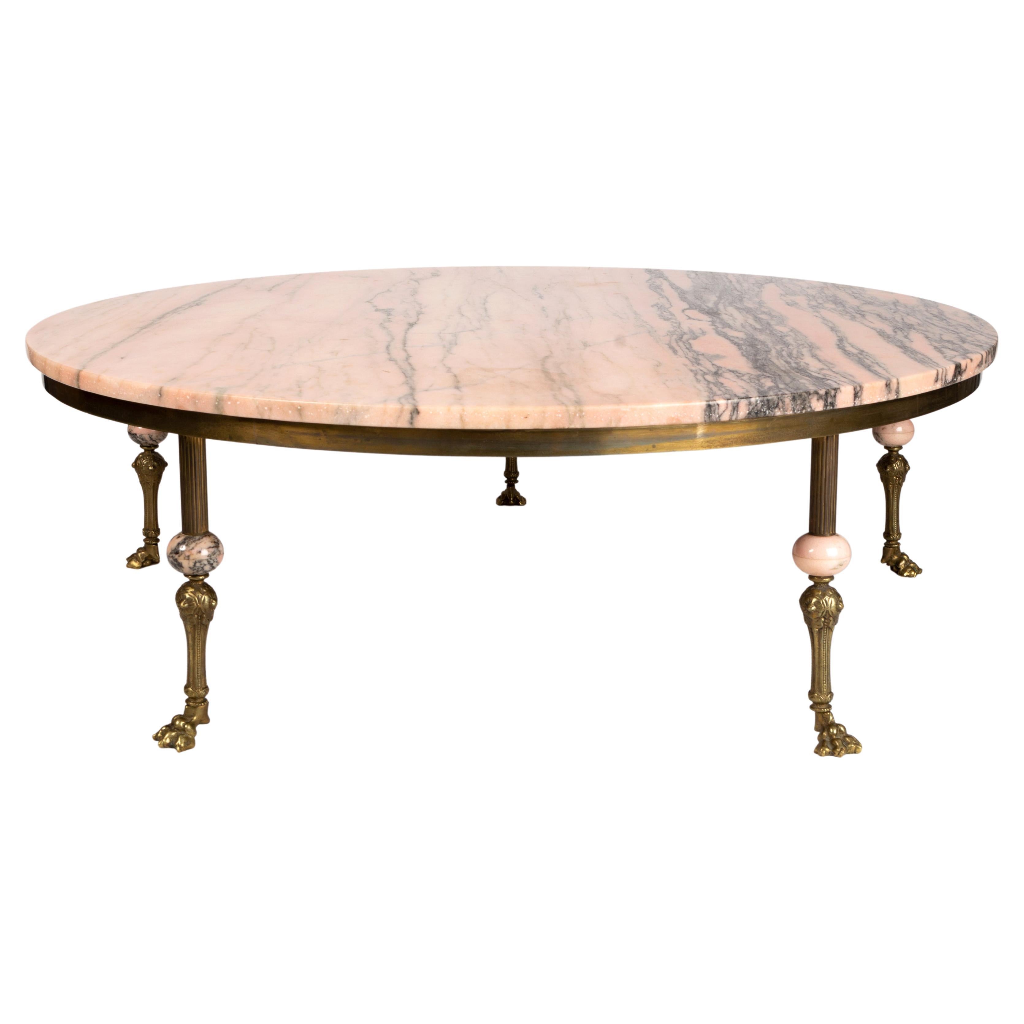 Art Deco French Pink Marble & Brass Large Coffee Table Maison Jansen C.1940