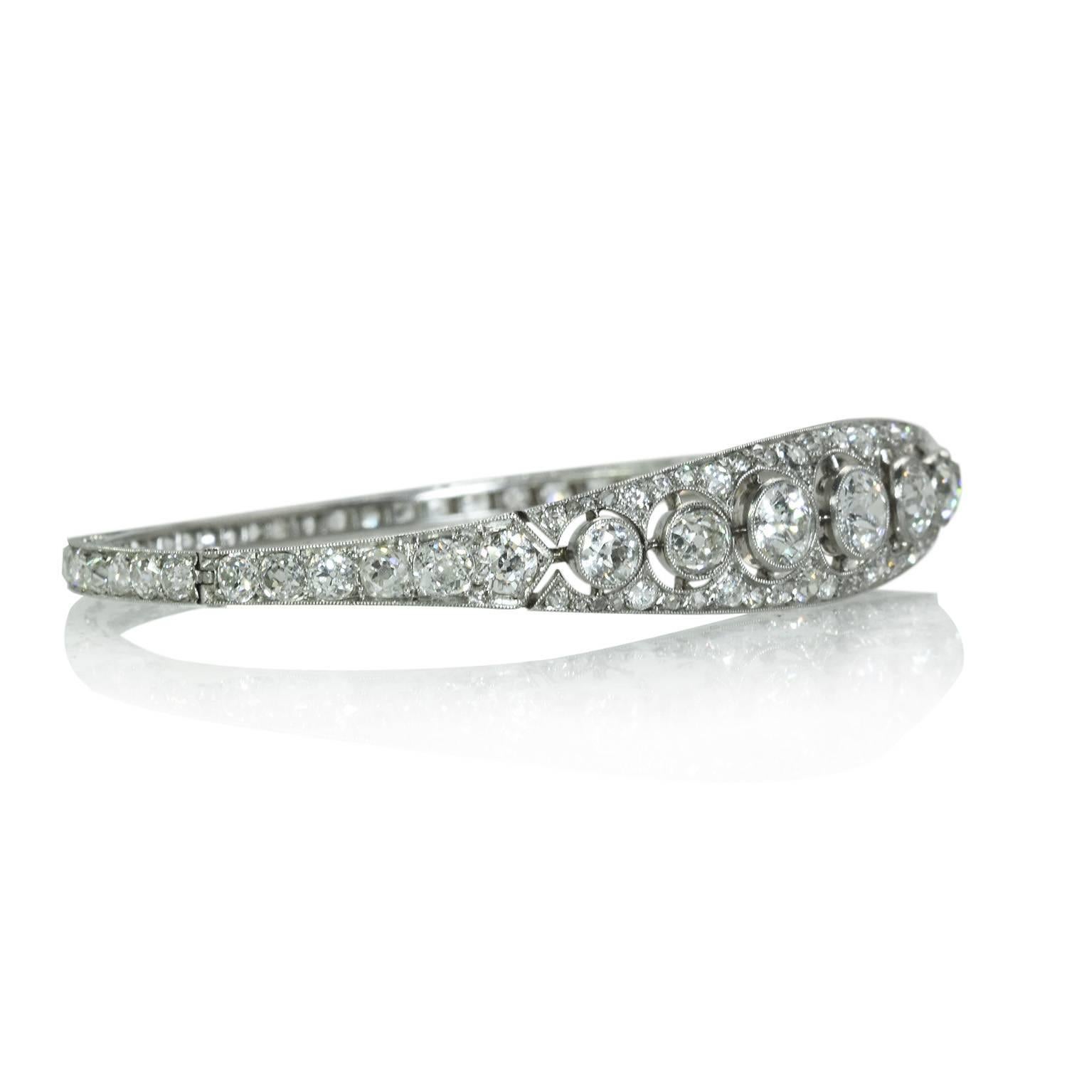 Art Deco French Platinum 9.80 Carat Diamond Bangle Bracelet 4
