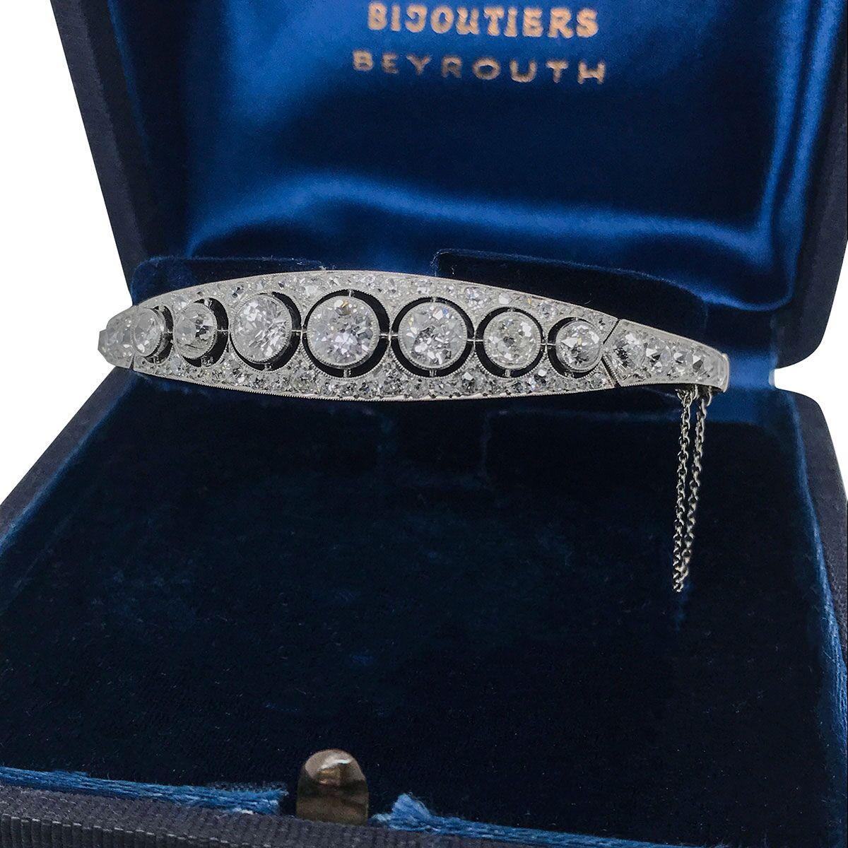 Art Deco French Platinum 9.80 Carat Diamond Bangle Bracelet 1
