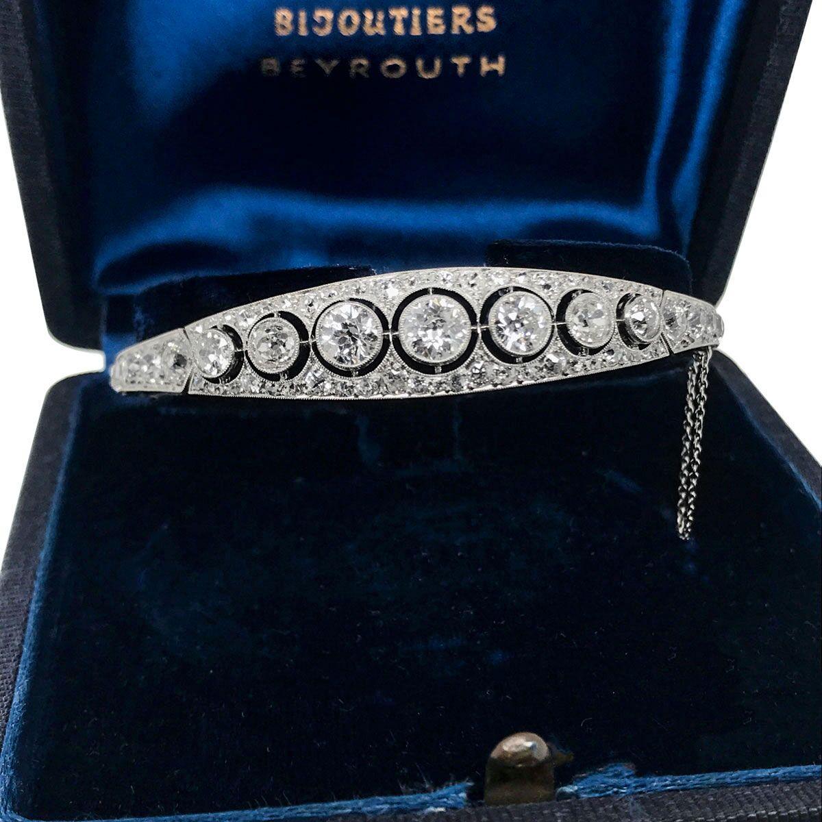 Art Deco French Platinum 9.80 Carat Diamond Bangle Bracelet 2