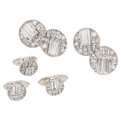 Vintage Art Deco French Platinum Diamond Cufflinks and Stud Set France, Circa 1930