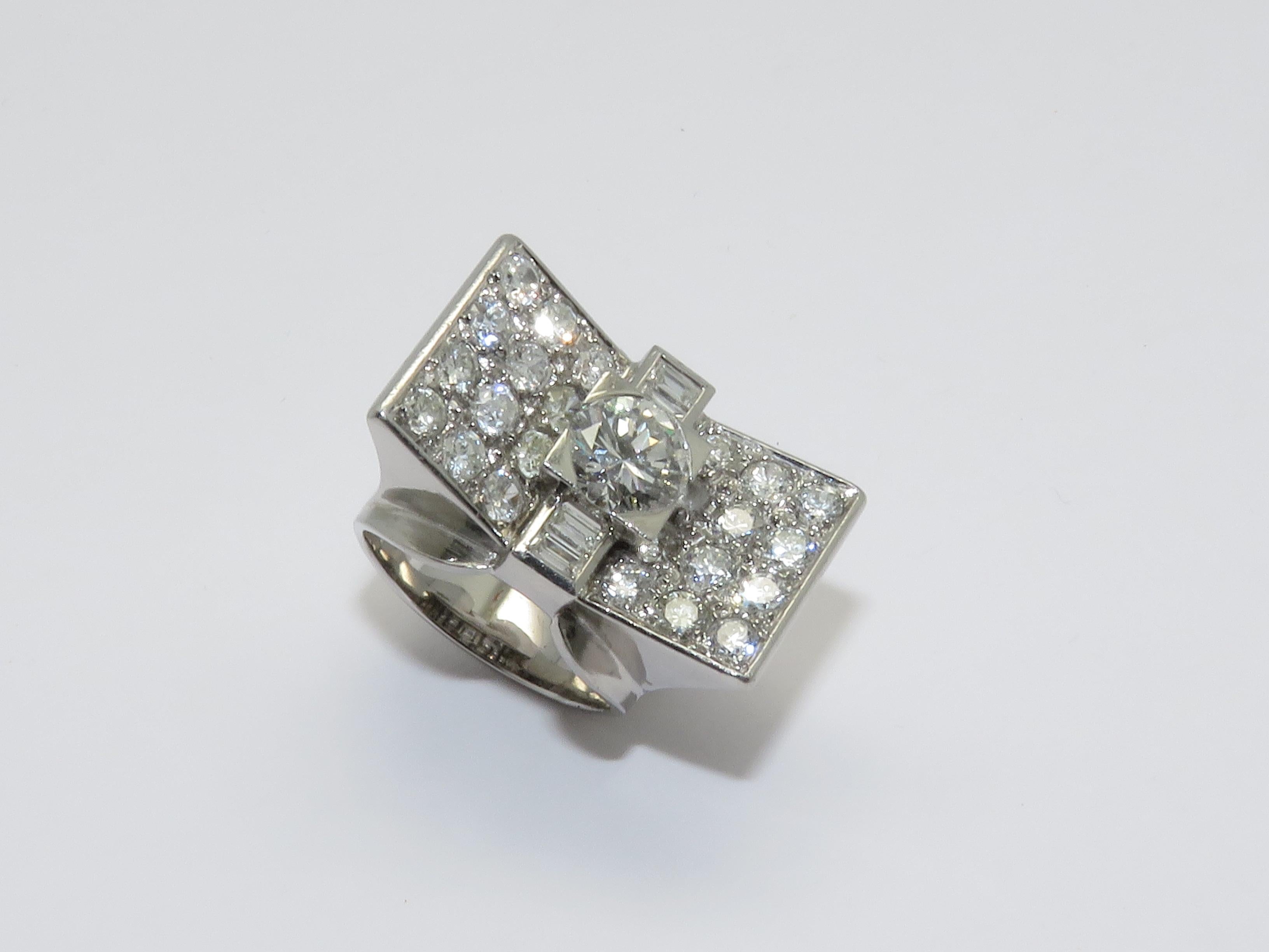 Women's Art Deco French Platinum Gold and Diamond Ring For Sale