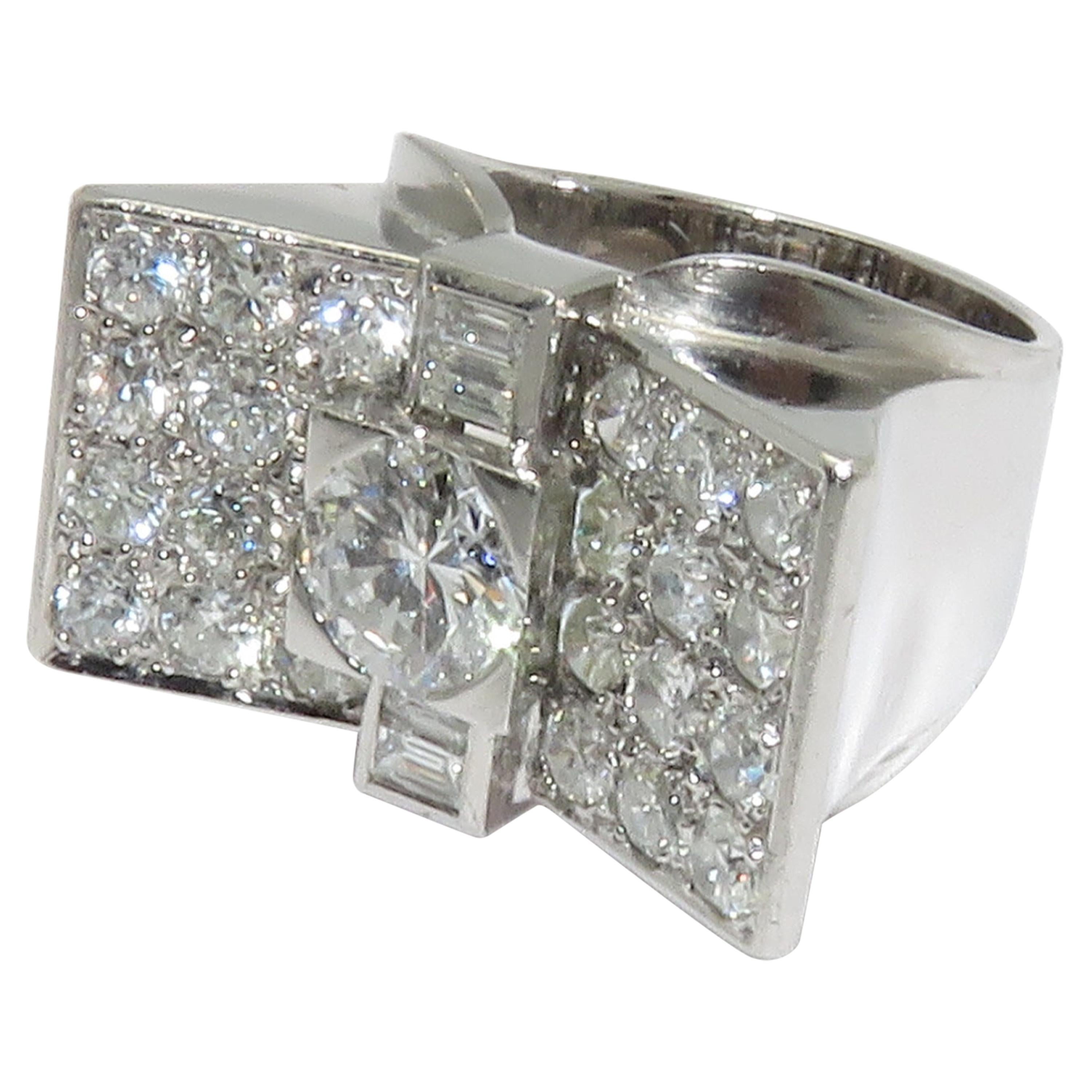 Art Deco French Platinum Gold and Diamond Ring For Sale