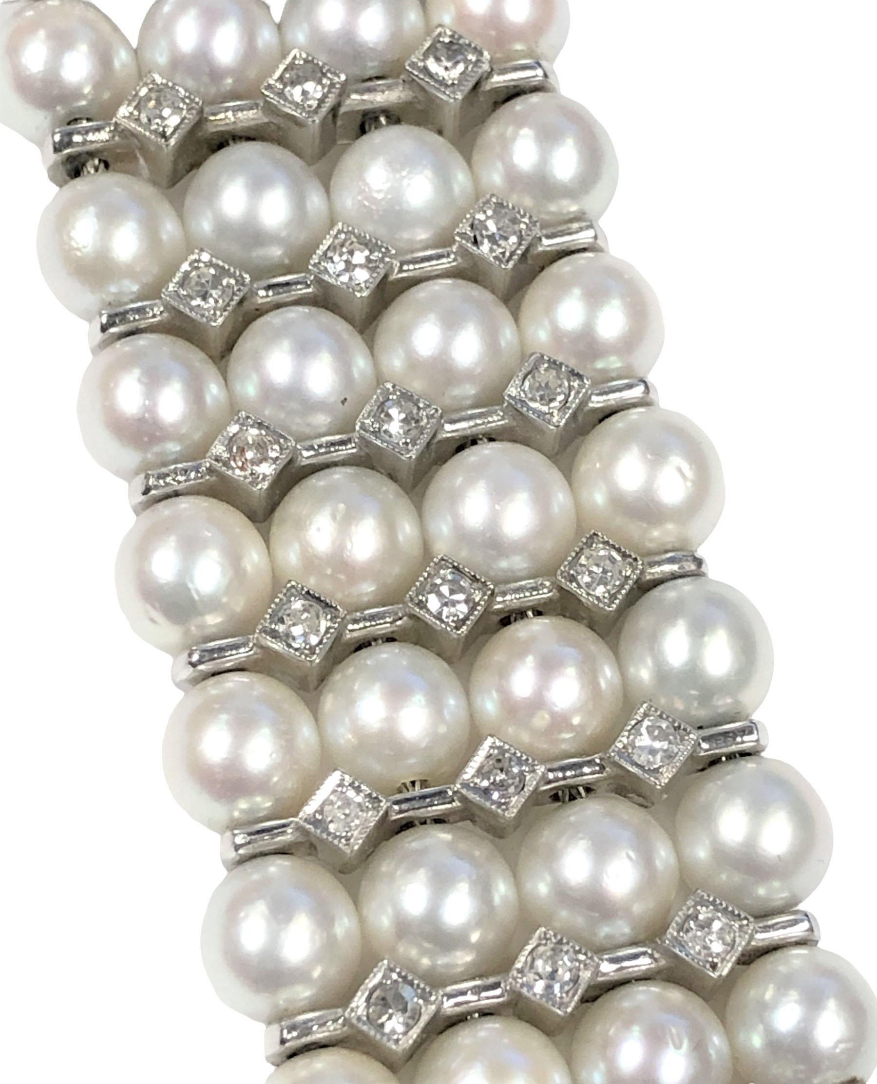 Old European Cut Art Deco French Platinum Pearl and Diamond wide Bracelet