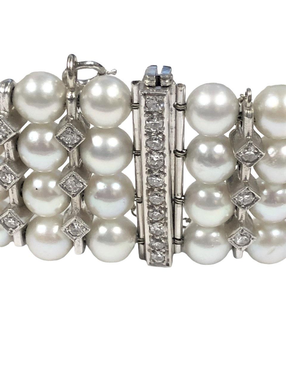Art Deco French Platinum Pearl and Diamond wide Bracelet In Excellent Condition In Chicago, IL