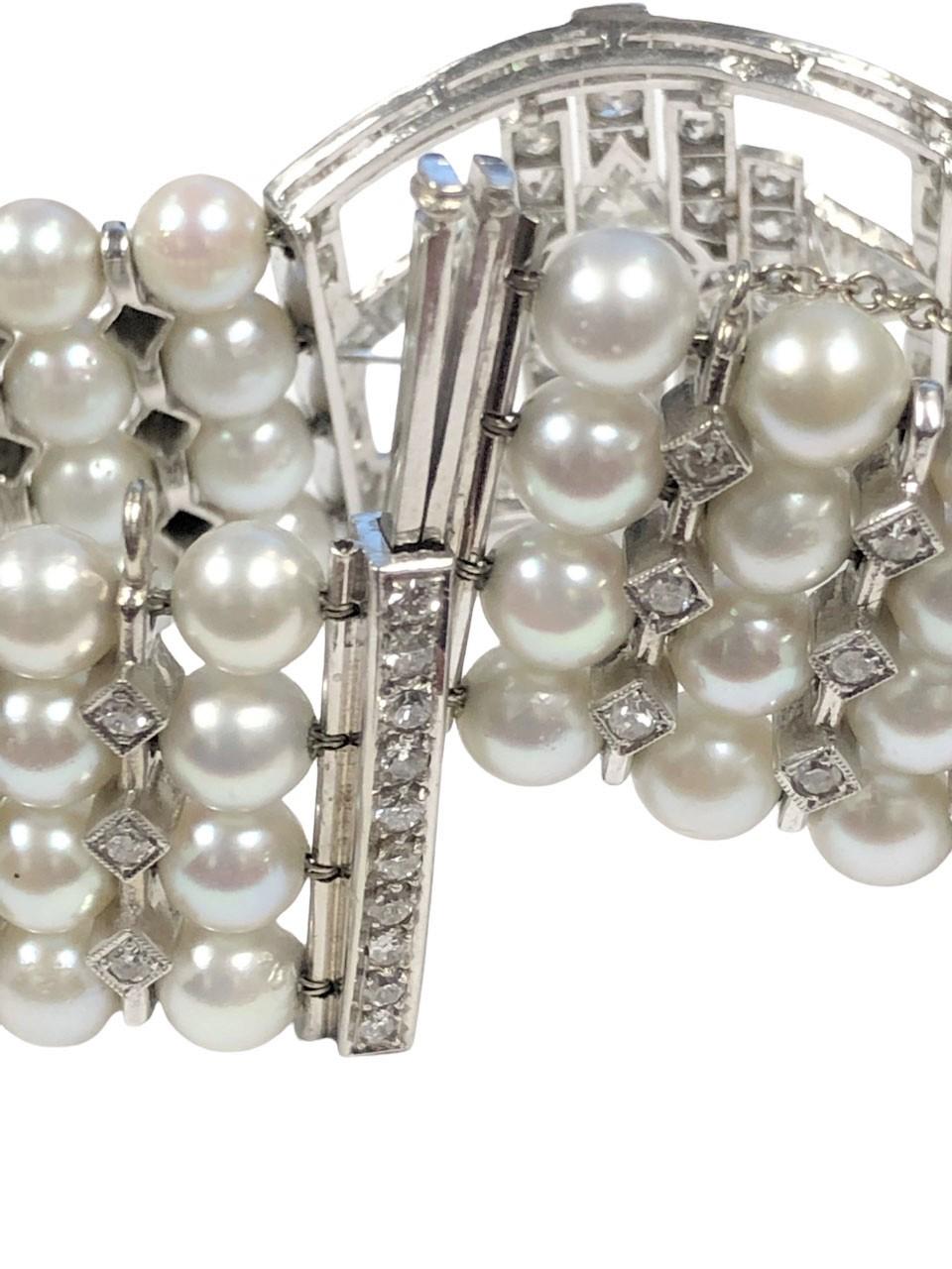Women's Art Deco French Platinum Pearl and Diamond wide Bracelet