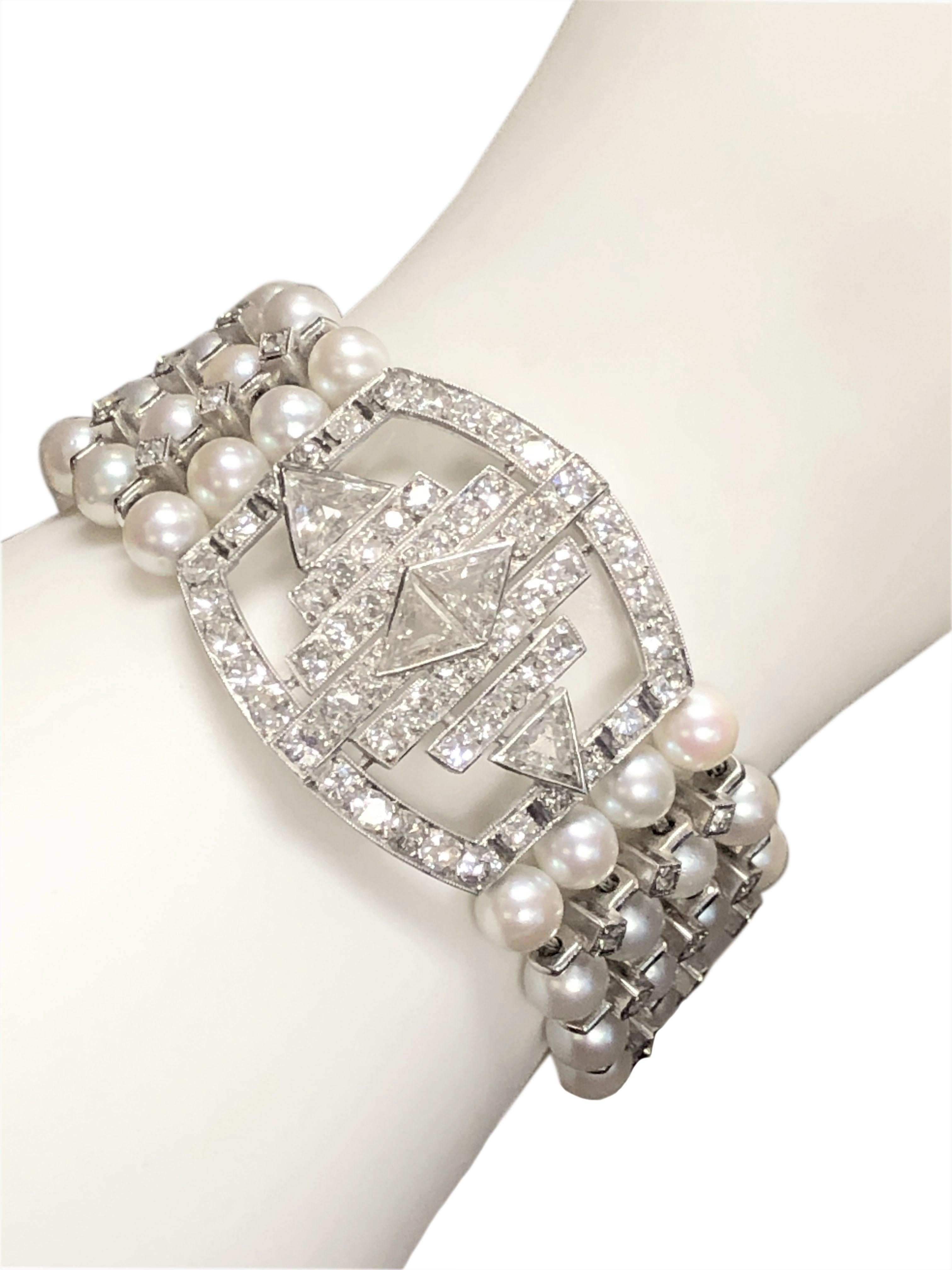 Art Deco French Platinum Pearl and Diamond wide Bracelet 1