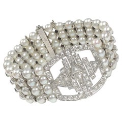 Art Deco French Platinum Pearl and Diamond wide Bracelet