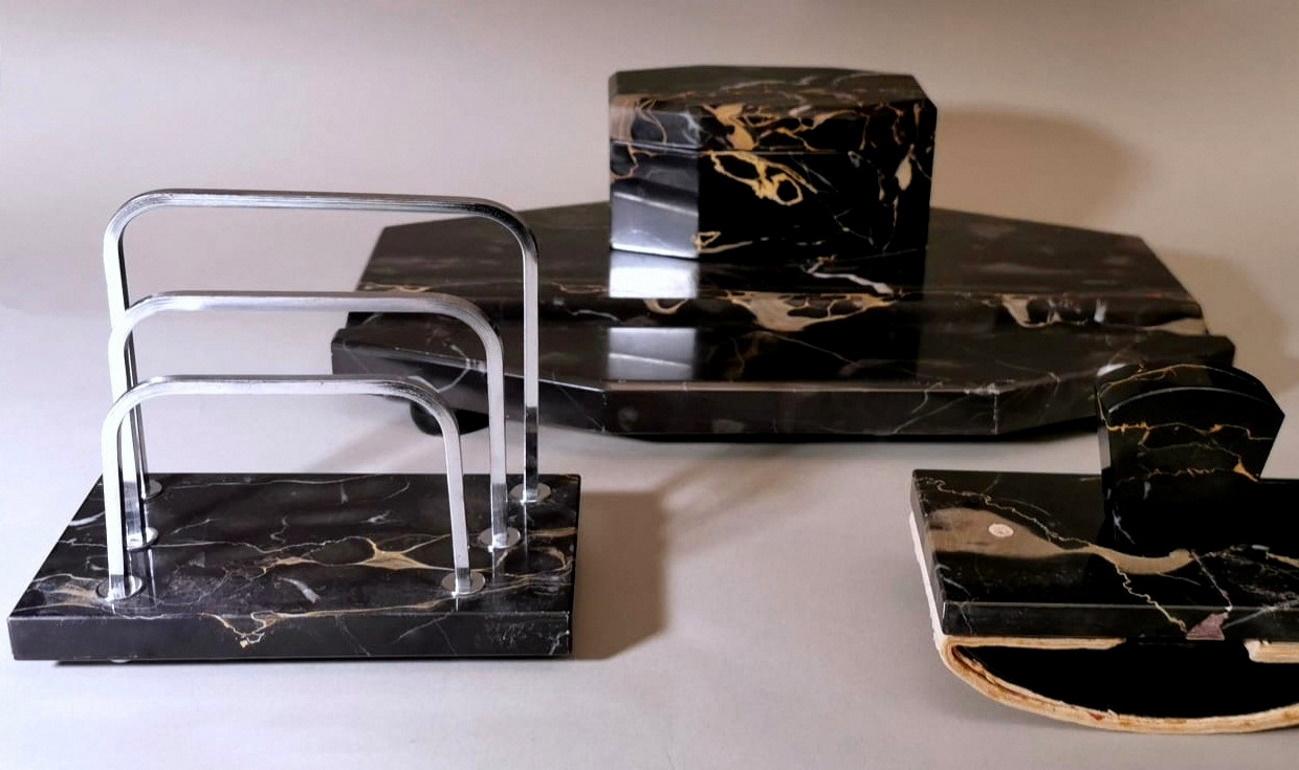 Mid-20th Century Art Deco French Portoro Marble Desk Set For Sale