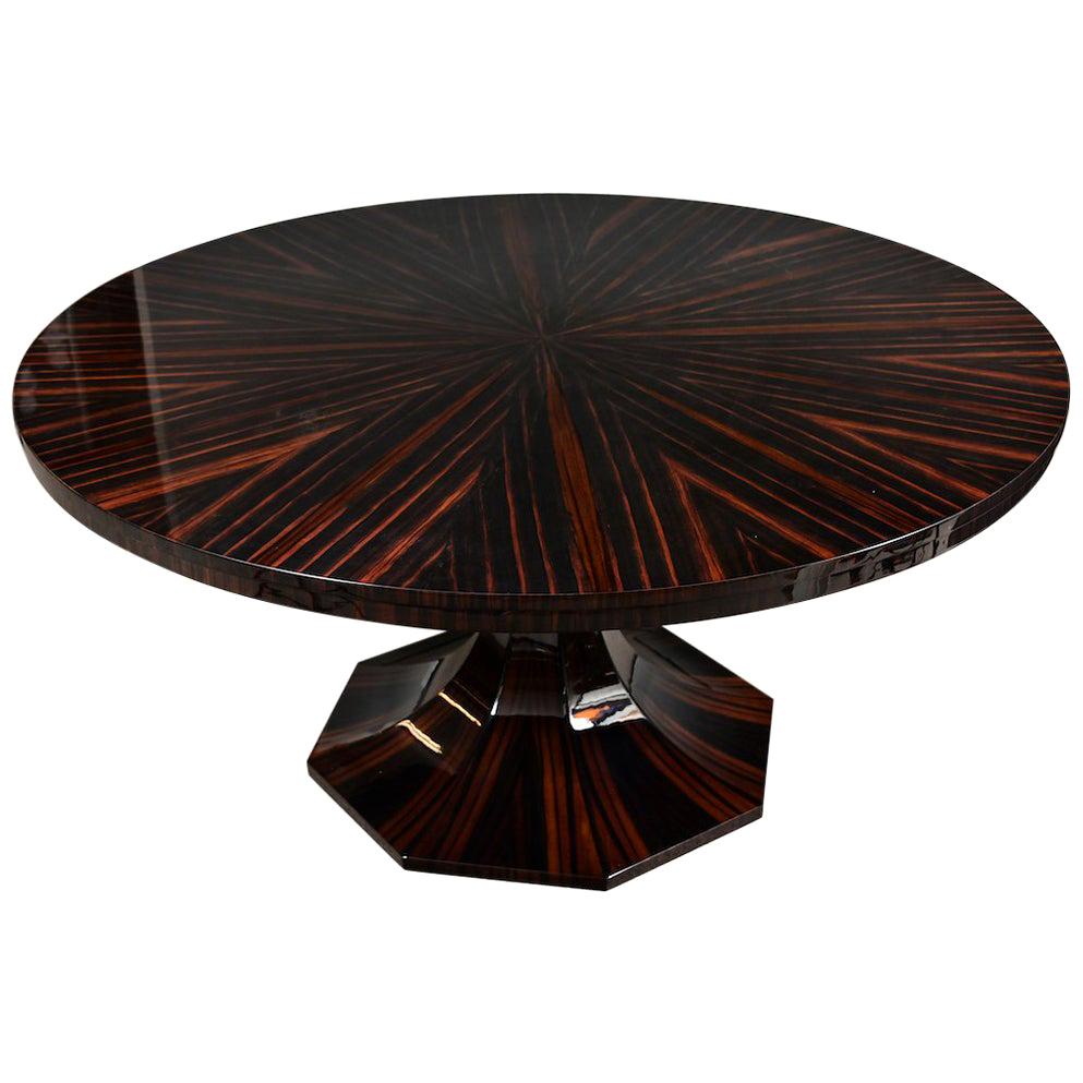 Art Deco French Round Dining Room Table in Macassar with Newly Veneered Top