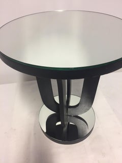 Art Deco French Round Mirror Side Table with Black Painted Wood Base