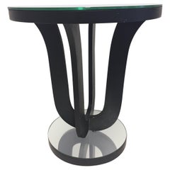 Art Deco French Round Mirror Side Table with Black Painted Wood Base