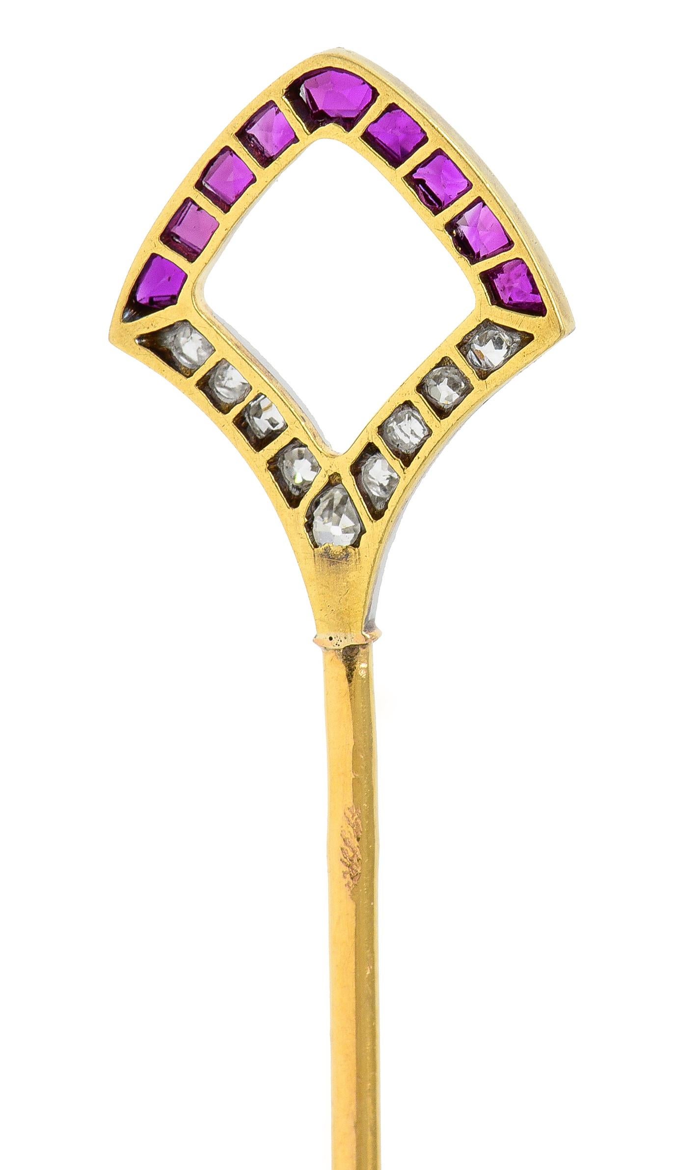 Old Mine Cut Art Deco French Ruby Diamond Platinum 18 Karat Yellow Gold Shield Stickpin For Sale