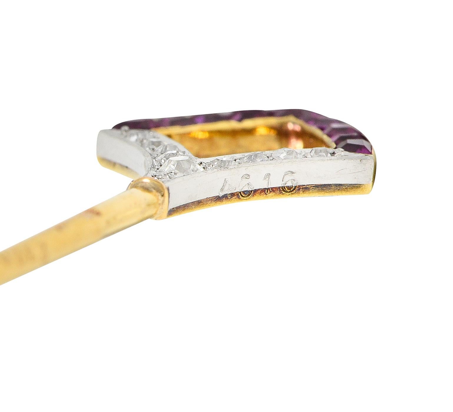 Women's or Men's Art Deco French Ruby Diamond Platinum 18 Karat Yellow Gold Shield Stickpin For Sale