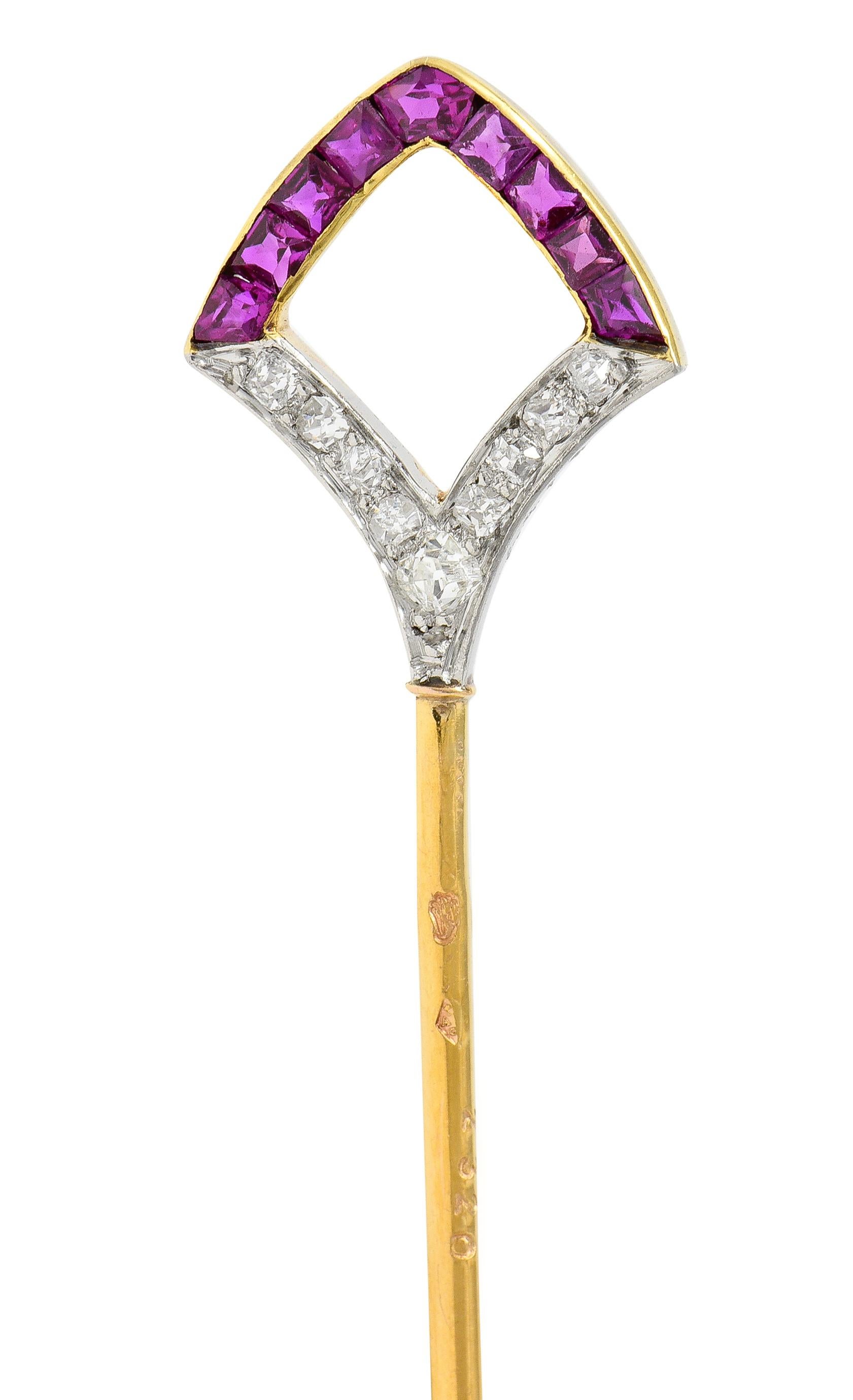 Art Deco French Ruby Diamond Platinum 18 Karat Yellow Gold Shield Stickpin For Sale 4