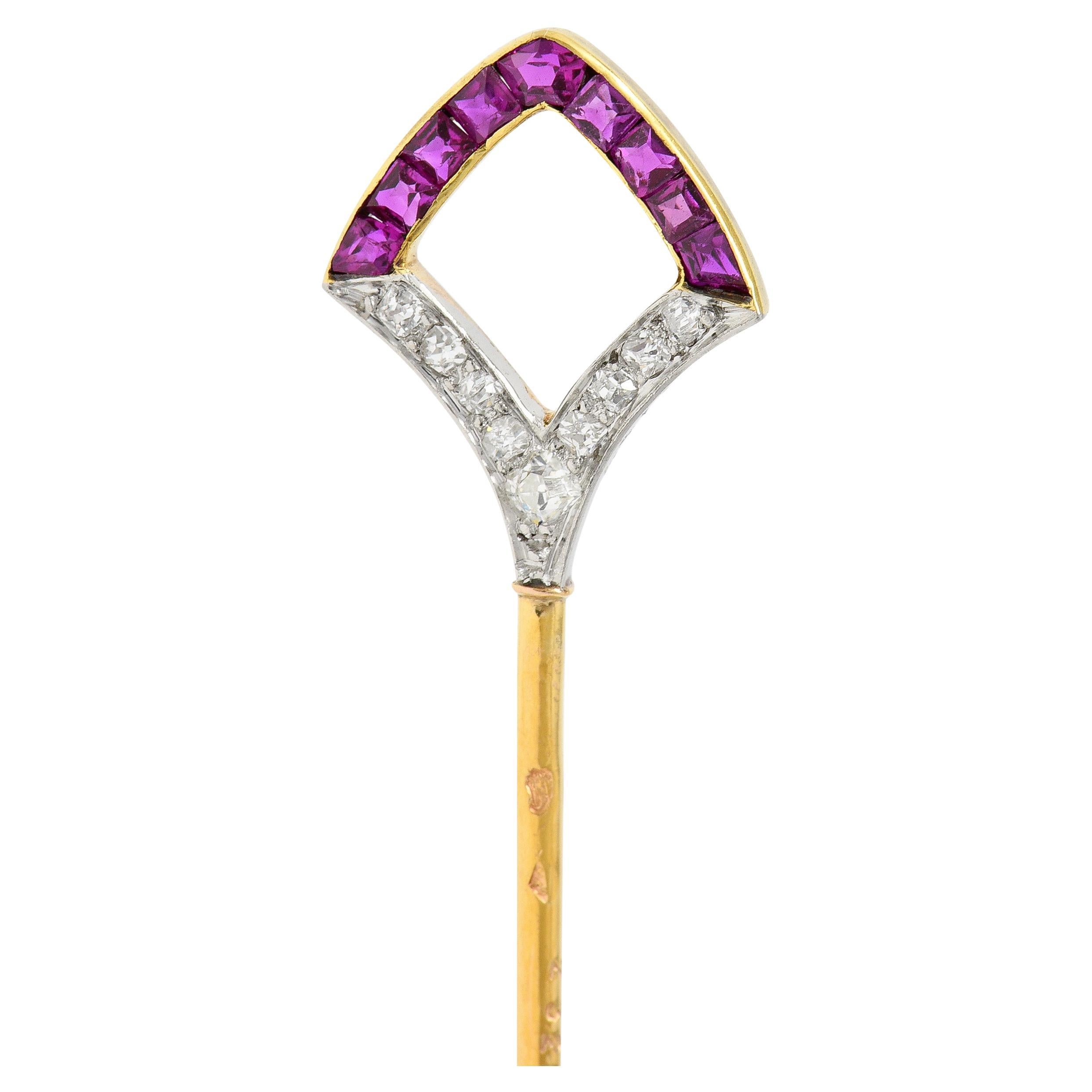 Art Deco French Ruby Diamond Platinum 18 Karat Yellow Gold Shield Stickpin For Sale