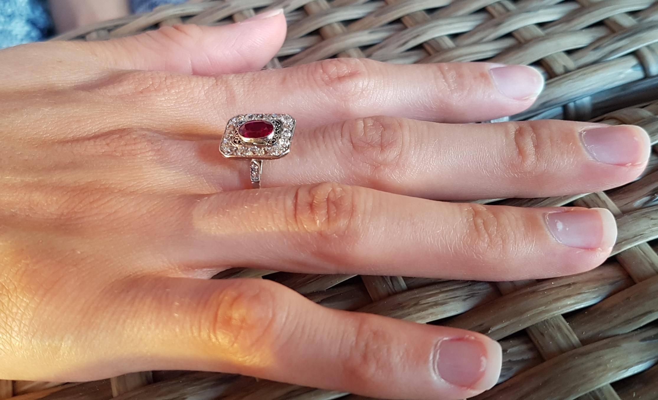Art Deco French Ruby Diamond Platinum Ring For Sale 2
