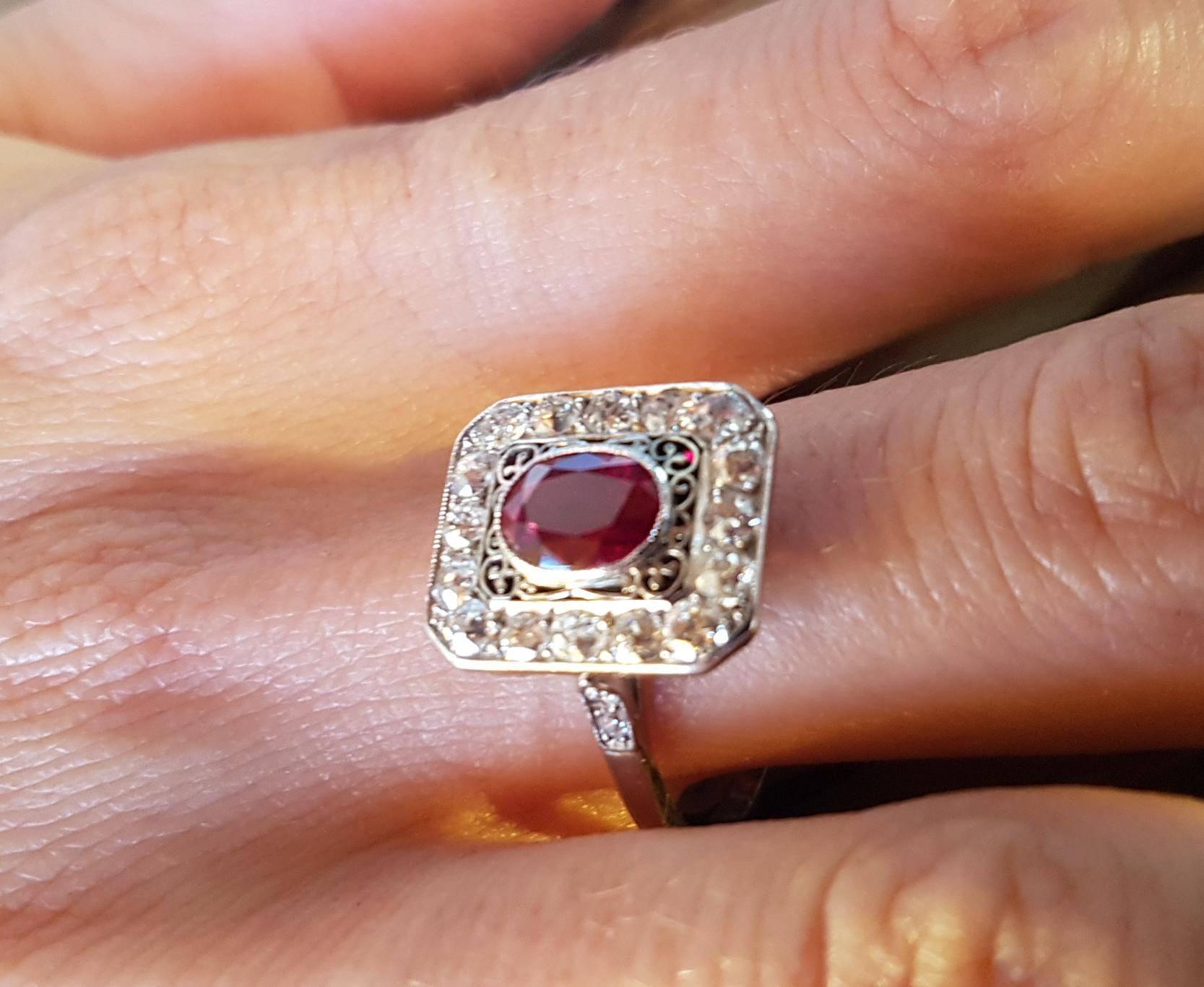 Art Deco French Ruby Diamond Platinum Ring For Sale 3