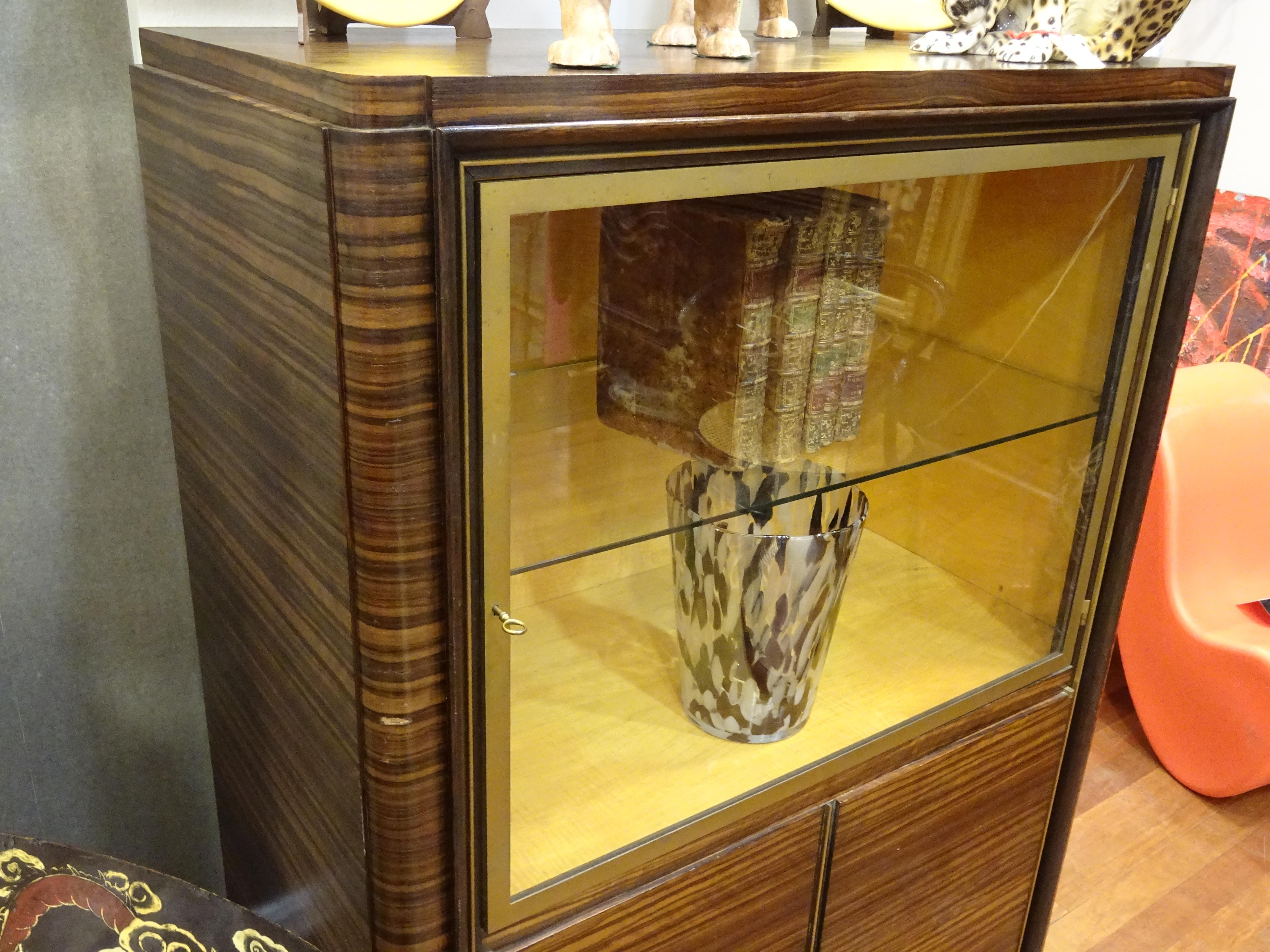 Carved Art Deco French  E.J Ruhlmann Bookcase, Hardwood, Brass and Lemongrass