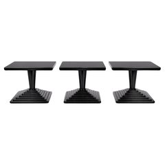 Art Deco French Salon Tables Set of 3 Walnut & Brass Feet Black Lacquer 20th C.