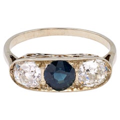 Art Deco French Sapphire and Diamond 18k White Gold Three Stone Ring