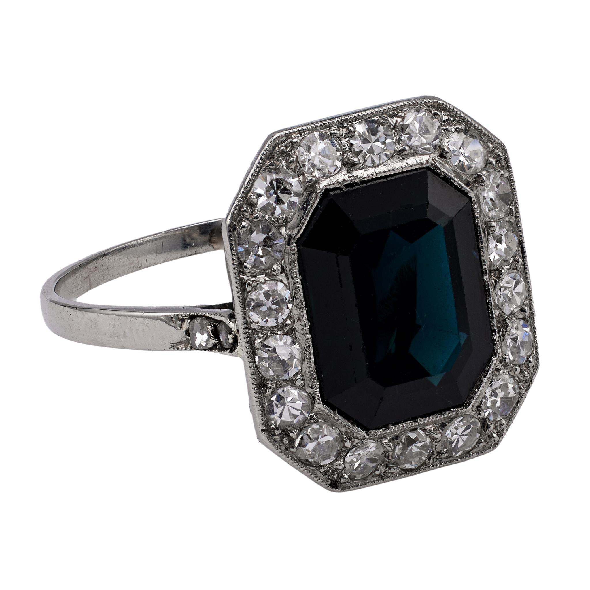 Platinring mit französischem Saphir und Diamant im Art déco-Stil für Damen oder Herren