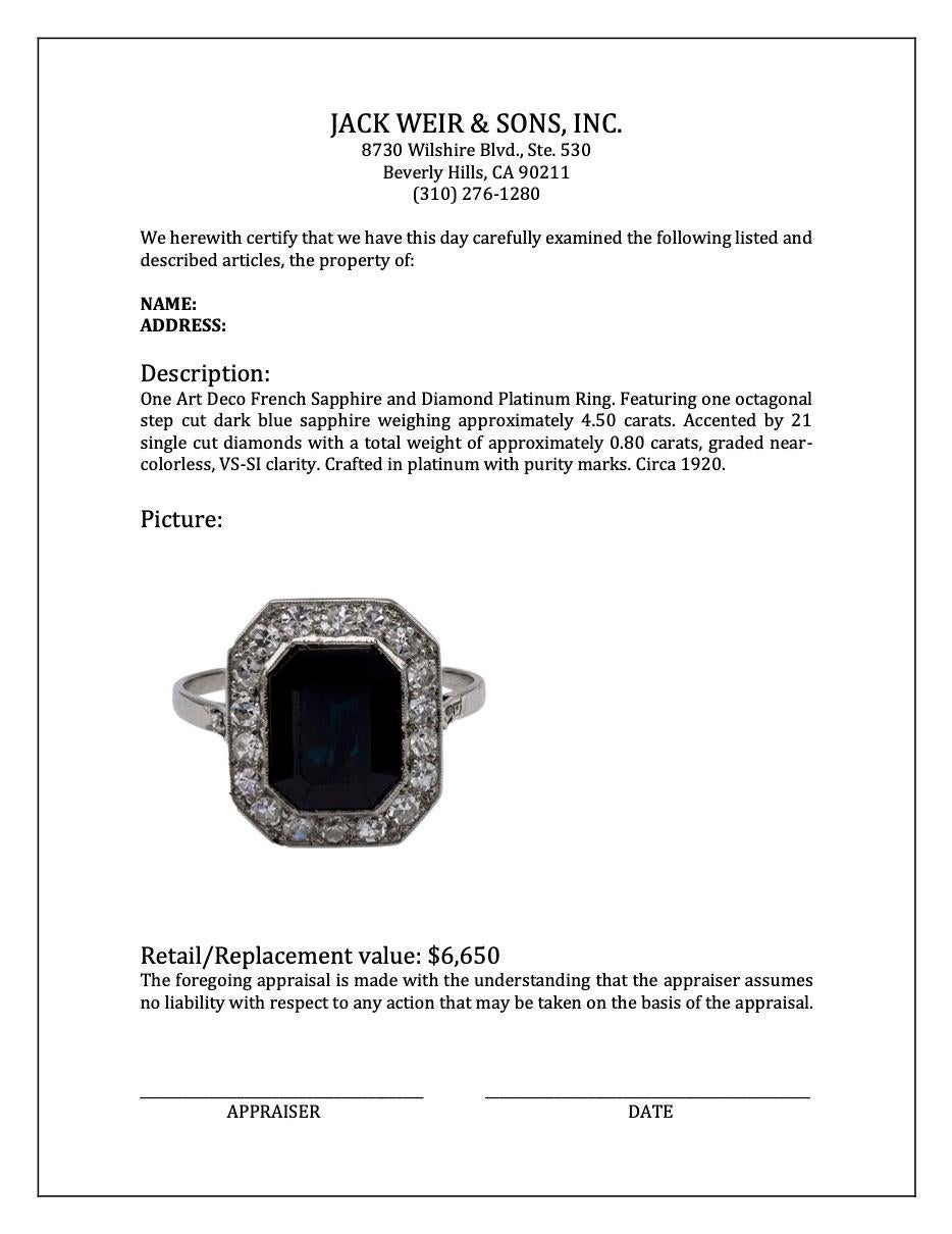 Platinring mit französischem Saphir und Diamant im Art déco-Stil 1