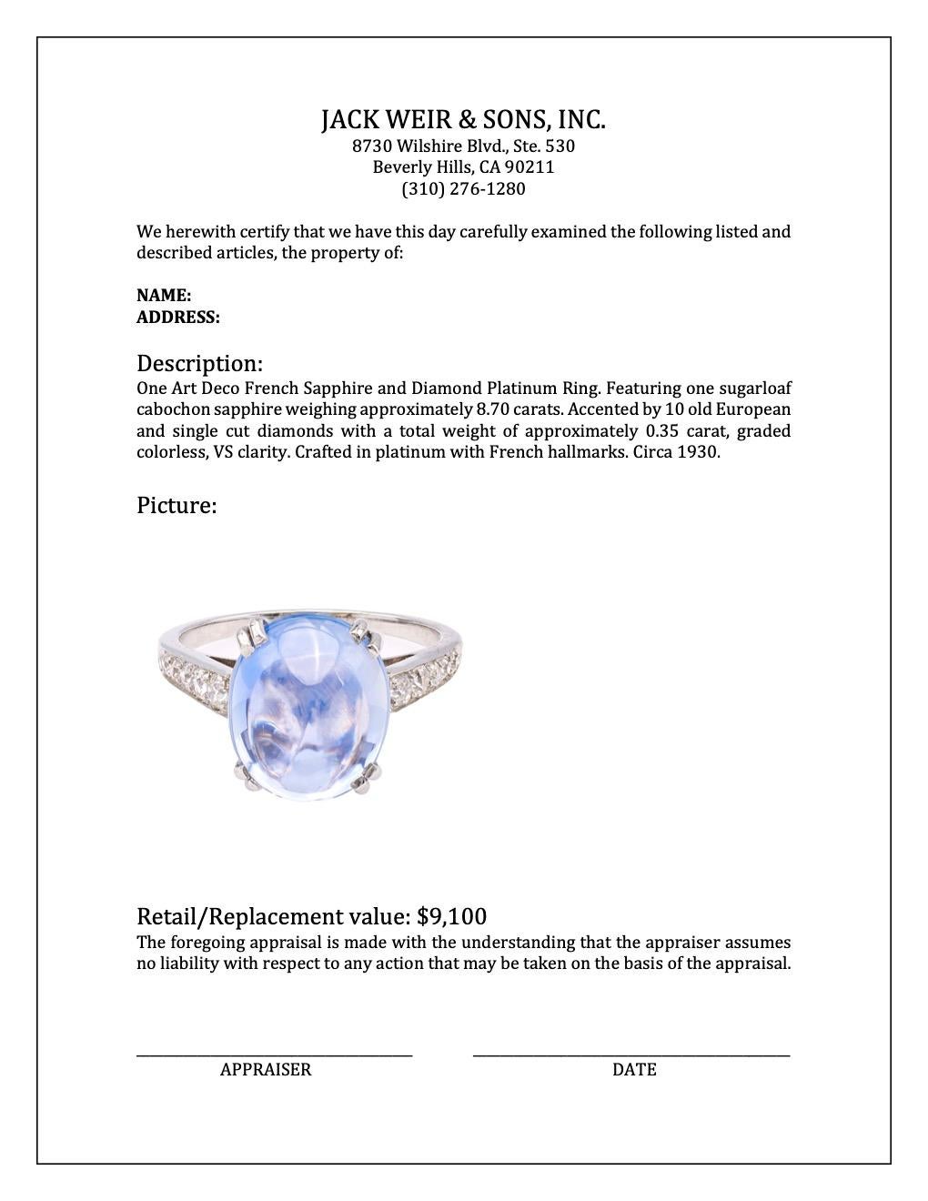Art Deco French Sapphire and Diamond Platinum Ring 2