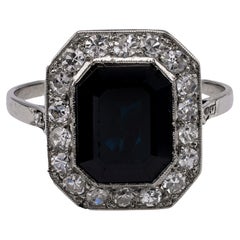 Platinring mit französischem Saphir und Diamant im Art déco-Stil