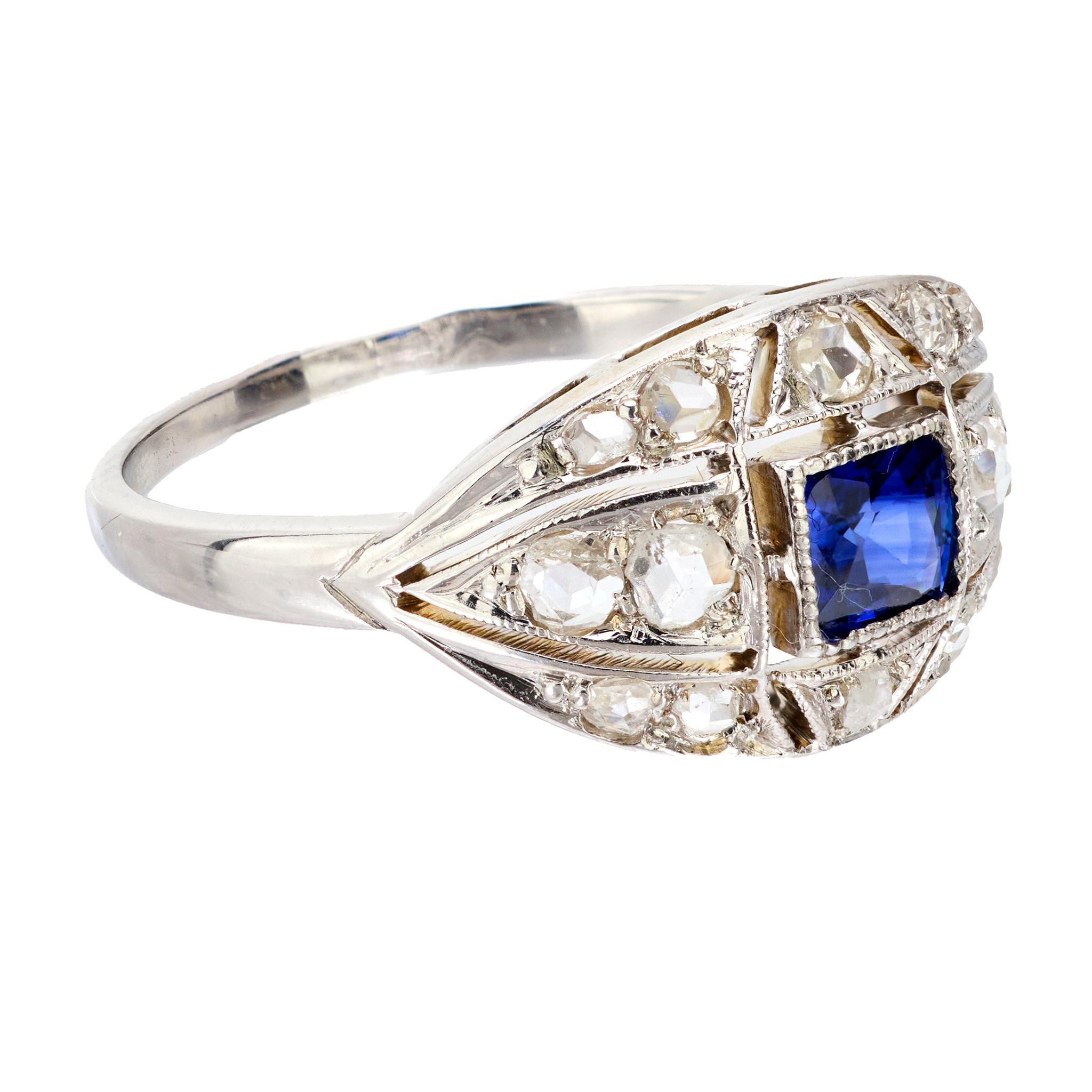 Square Cut Art Deco French sapphire diamond 18k white gold ring For Sale