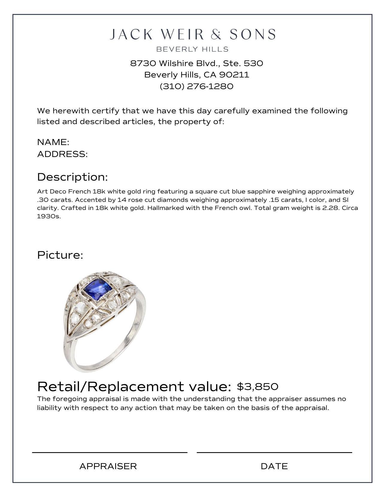 Art Deco French sapphire diamond 18k white gold ring In Good Condition For Sale In Beverly Hills, CA